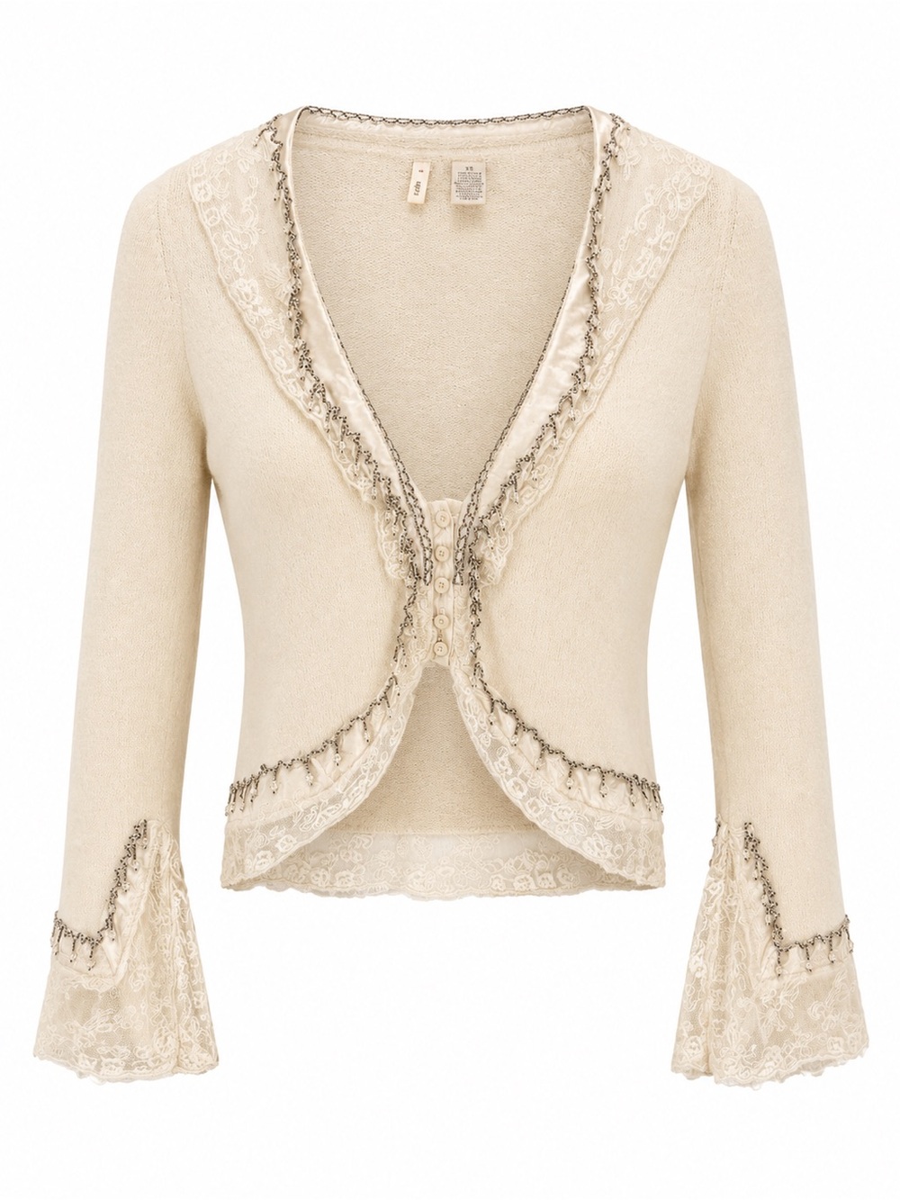Lace-Trimmed Ivory Cardigan With Beaded Accents & Flared Sleeves XS By Moth